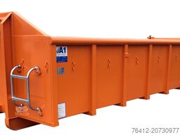 A1 Container Normbehälter 15 m³ - Pendelklappe abklappbar - Zurrösen - RAL 2011 Tieforange - Abrollcontainer