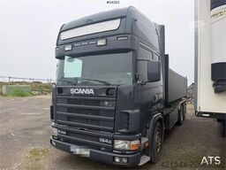 Scania R164G 580 V8 6x2 hook truck w/ box.