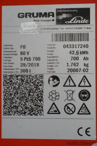 Batterie de chariot élévateur GRUMA 80 Volt 5 PzS 700 Ah