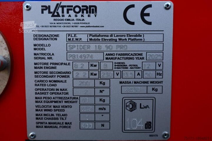 Leddelt teleskopisk arbejdsplatform Platform Basket Spider 18.90 PRO CE Declaration, Valid inspection,
