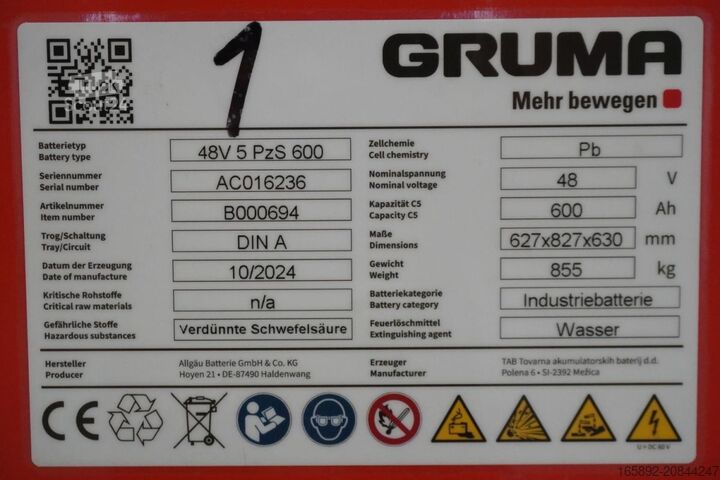Gabelstaplerbatterie GRUMA 48 Volt 5 PzS 600 Ah