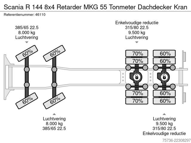 Tovornjak z žerjavom Scania R 144 8x4 Retarder MKG 55 Tonmeter Dachdecker Kran