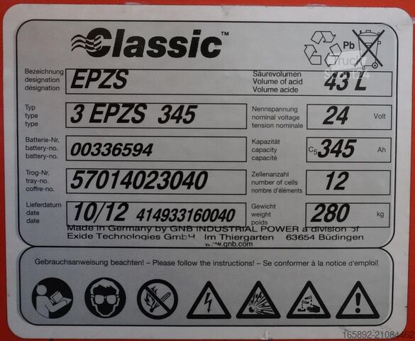 Batería de carretilla elevadora GNB 24 Volt 3 PzS 345 Ah