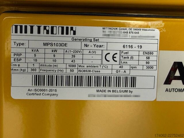  Kubota D722 - MPS103DE- 10 kVA - 1 ph. Genset - DPX-25119