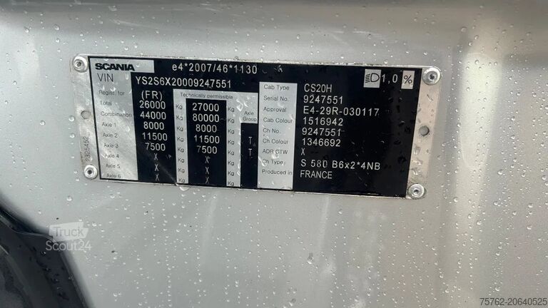 Châssis avec cabine Scania S580 V8 NGS Full air | steering | park cool | a...