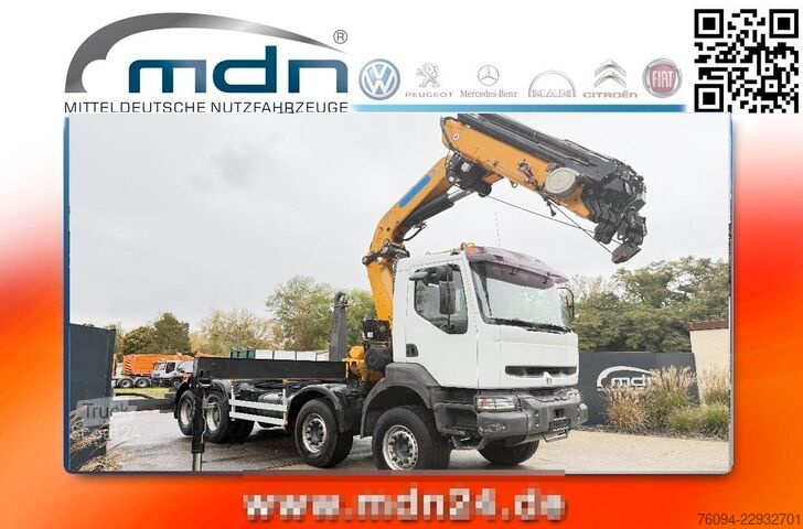Camião porta-contentores de gancho RENAULT Kerax 8x4 Abrollkipper KRAN 27m WINDE FUNK