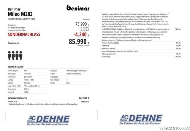 Half-integraal camper BENIMAR Mileo M282 NEUHEIT / RUNDSITZGRUPPE HECK