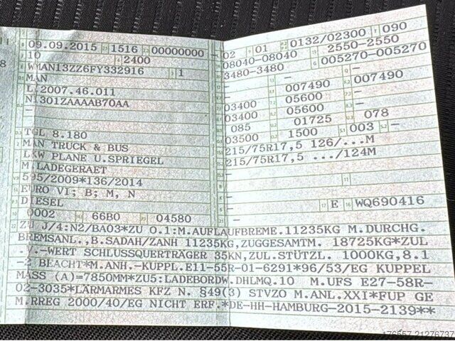 Camion bâché MAN TGL 8.180 BL Pritsche Plane LBW Euro 6