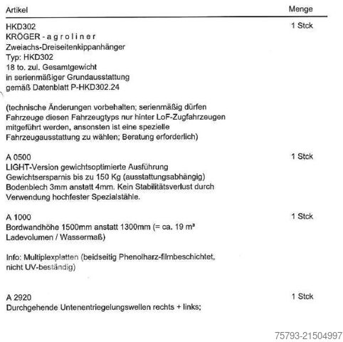 Tipvognstrailer Kröger 18to Interne Nr. 40761