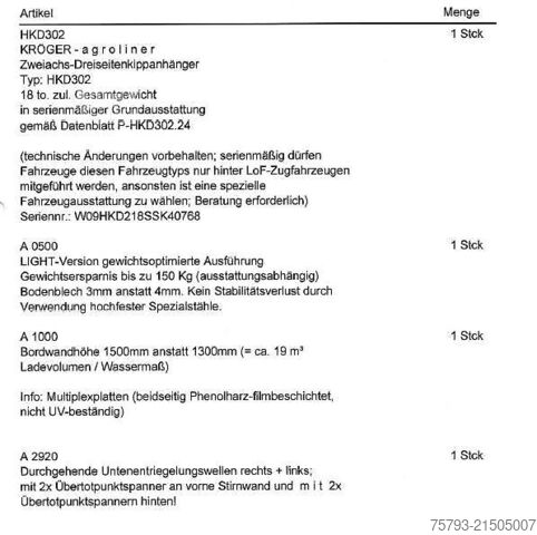 Tipper trailer Kröger 18to Interne Nr. 40768