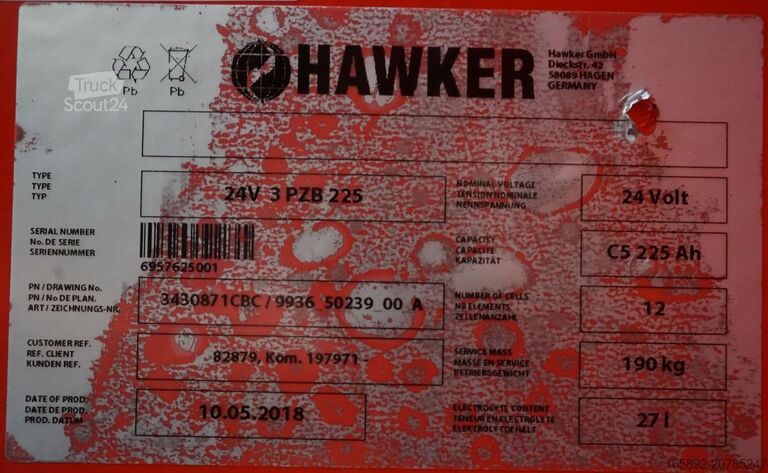 Batterie de chariot élévateur HAWKER 24 Volt 3 PzB 225 Ah