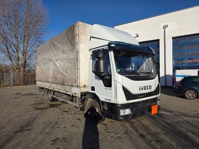 Transportador con plataforma y toldo IVECO 80-220 Eurocargo, Gardine, Ladebordwand, 1.Hand