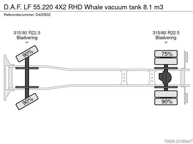 Veículo de aspiração DAF LF 55.220 4X2 RHD Whale vacuum tank 8.1 m3