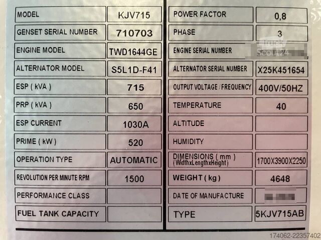  Volvo TWD1644GE - 715 kVA Generator - DPX-18884.1-O
