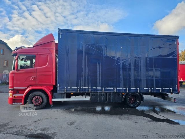 Camion cu platformă și prelată SCANIA G410 Volumen, Edscha, Hubdach+Tandemhänger