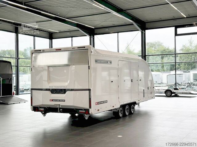 Automobilių gabenimo furgonas Brian James Trailers RACE TRANSPORTER 7 | 397-6023-35-3-10-W | TRIDEM | ZUSATZRAMPEN 600X235X199CM 3500KG GESCHLOSSENER AUTOTRAILER | WEISS