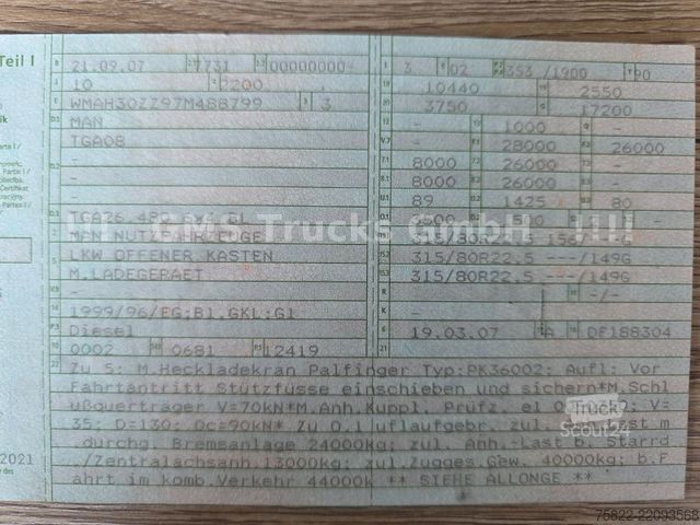 Φορτηγό με επίπεδη καρότσα MAN TGA 26.480 / 6X4 / Palfinger Kran PK 36002