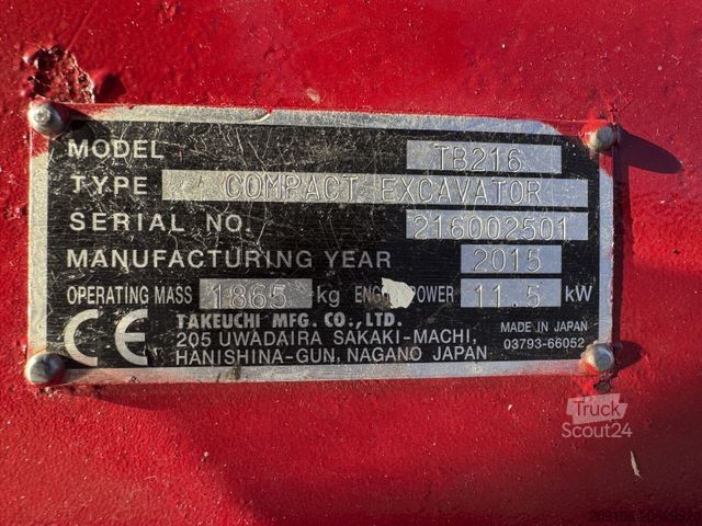 Mini ekskavatör TAKEUCHI TB 216 Powertilt+3xSchaufeln 1865 kg