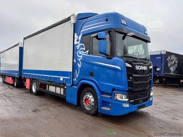 Platós teherautó ponyvával SCANIA R500 Komplettzug*Retarder*Edscha*38Paletten*2x*