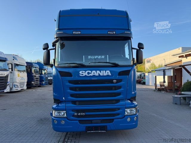 Camião plataforma com lona SCANIA R410 Pritsche+Plane/Retarder + Anhänger Krone