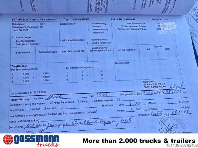 Vrachtauto met open laadbak Mercedes-Benz Actros 2546 L 6x2, Hiab Kran 244 E - 6 Hiduo,