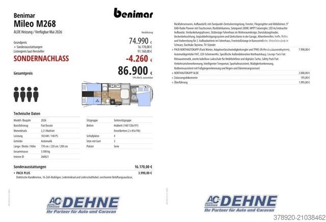 Camping-car semi-intégré BENIMAR Mileo M268 ALDE Heizung / Verfügbar Mai 2026