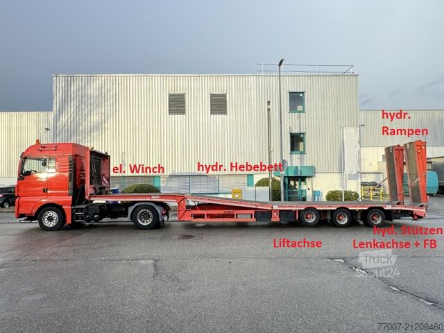 Tieflader-Sattelauflieger Rapmen Hubbett Meusburger MTS-3 hydr.klapp-Rampen Hebebett Lenkach