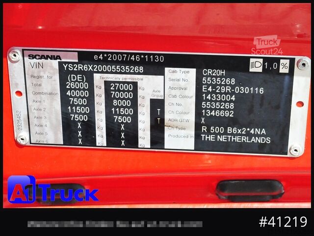 Hákový nosič kontejnerů SCANIA R500, Abrollkipper, HIAB, Lift-Lenkachse,