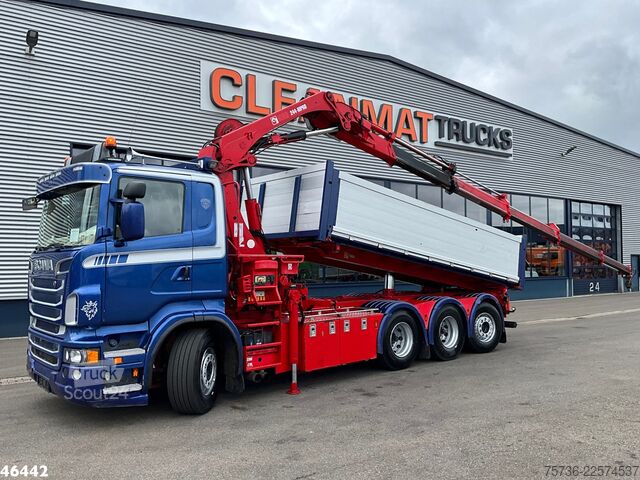 3-sidet tippelad Scania R 560 V8 8x4 Retarder Hiab 24 Tonmeter laadkraan