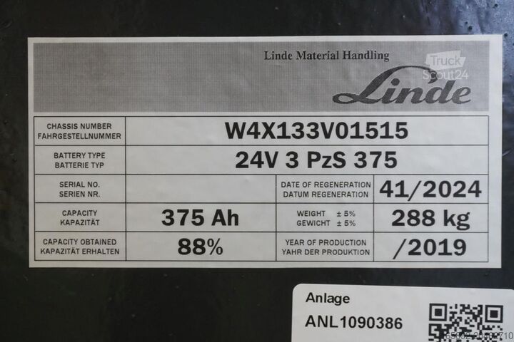 Heftruck batterij Linde 24 Volt 3 PzS 375 Ah