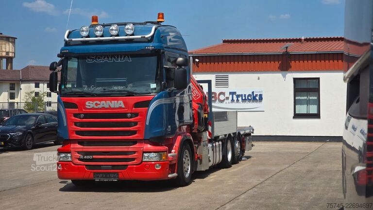 Camión de plataforma SCANIA R 490 * RETARDER * FASSI 14 M * LENK/LIFTACHSE *