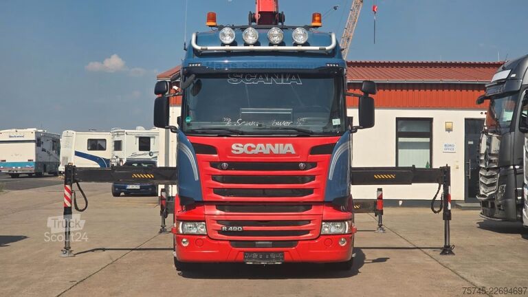 Camión de plataforma SCANIA R 490 * RETARDER * FASSI 14 M * LENK/LIFTACHSE *