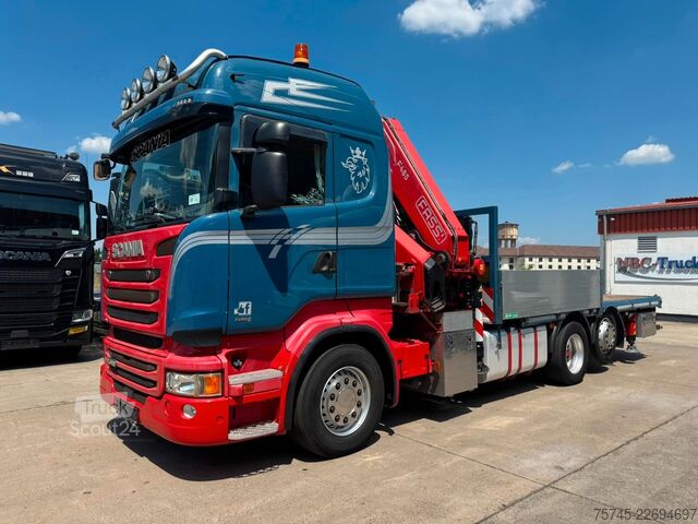 Camión de plataforma SCANIA R 490 * RETARDER * FASSI 14 M * LENK/LIFTACHSE *