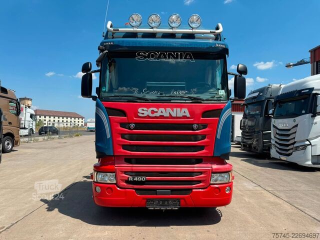 Camión de plataforma SCANIA R 490 * RETARDER * FASSI 14 M * LENK/LIFTACHSE *