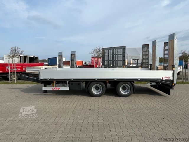 Remorcă cu platformă joasă FLIEGL TPS 140 Bau mit Heckanschr. 6,2m Tandem Plattfor