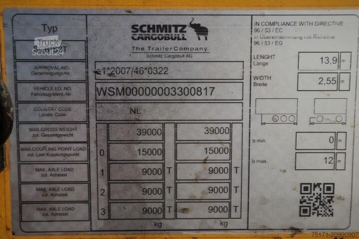 Sliding tarpaulins Schmitz Cargobull SCB3ST CoC Documents, TuV Loading Certificate, Dut