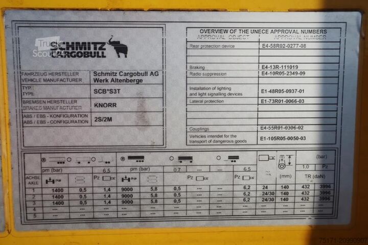 Sliding tarpaulins Schmitz Cargobull SCB3ST CoC Documents, TuV Loading Certificate, Dut