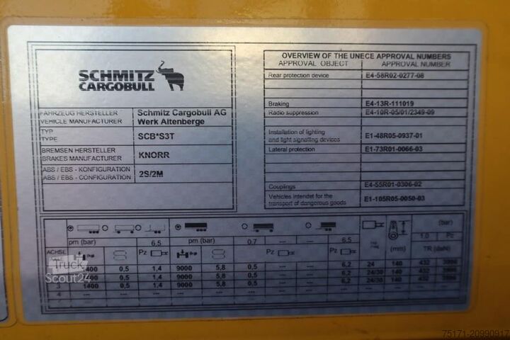Sliding tarpaulins Schmitz Cargobull SCB3ST CoC Documents, TuV Loading Certificate, Dut