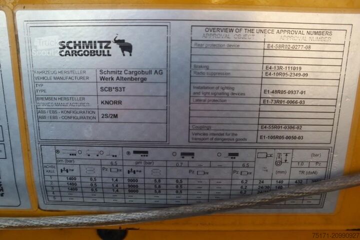 Sliding tarpaulins Schmitz Cargobull SCB3ST CoC Documents, TuV Loading Certificate, Dut