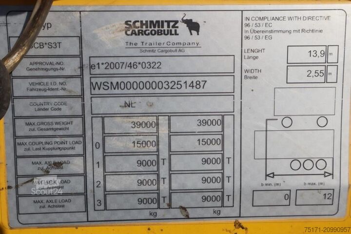 Sliding tarpaulins Schmitz Cargobull SCB3ST CoC Documents, TuV Loading Certificate, Dut