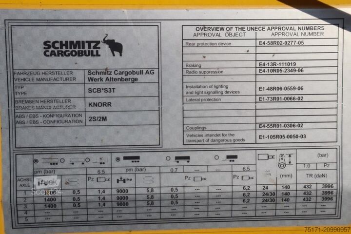 Sliding tarpaulins Schmitz Cargobull SCB3ST CoC Documents, TuV Loading Certificate, Dut