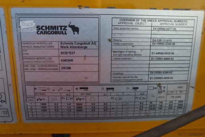 Sliding tarpaulins Schmitz Cargobull SCB3ST CoC Documents, TuV Loading Certificate, Dut