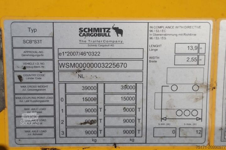 Sliding tarpaulins Schmitz Cargobull SCB3ST CoC Documents, TuV Loading Certificate, Dut