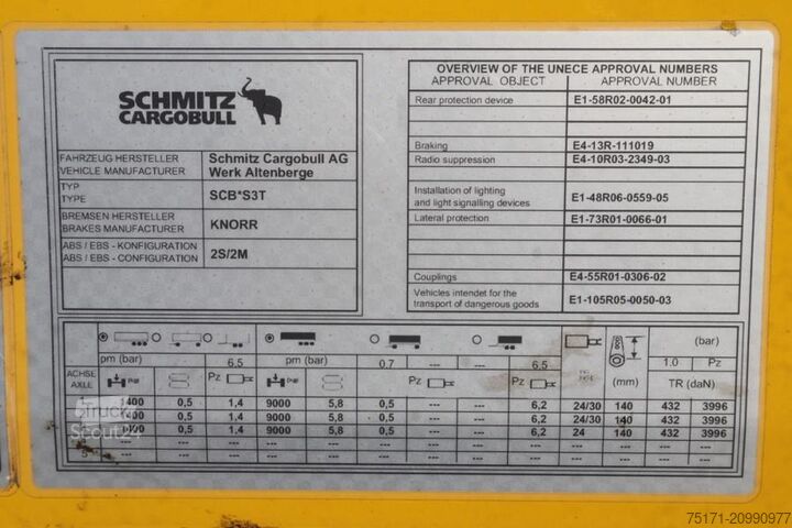 Sliding tarpaulins Schmitz Cargobull SCB3ST CoC Documents, TuV Loading Certificate, Dut
