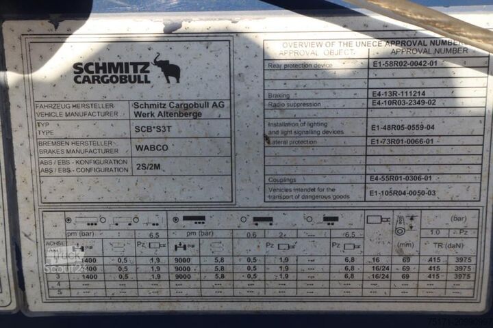 Sliding tarpaulins Schmitz Cargobull SCB3ST CoC Documents, TuV Loading Certificate, Dut