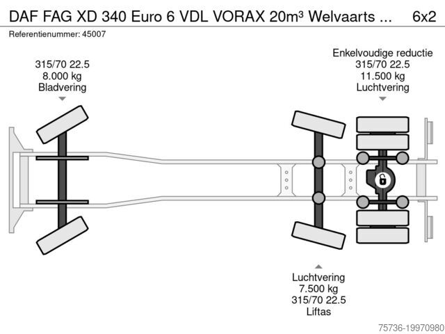 Vehicul de colectare a deșeurilor DAF FAG XD 340 Euro 6 VDL VORAX 20m³ Welvaarts weeg...