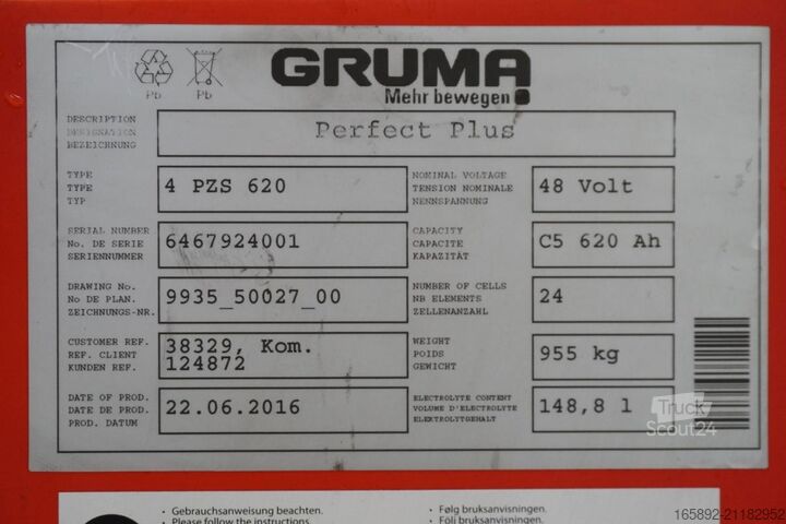 Bateria de empilhadeira GRUMA 48 Volt 4 PzS 620 Ah