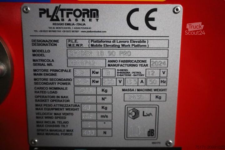 Leddelt teleskopisk arbejdsplatform Platform Basket Spider 18.90 PRO CE Declaration, Valid inspection,