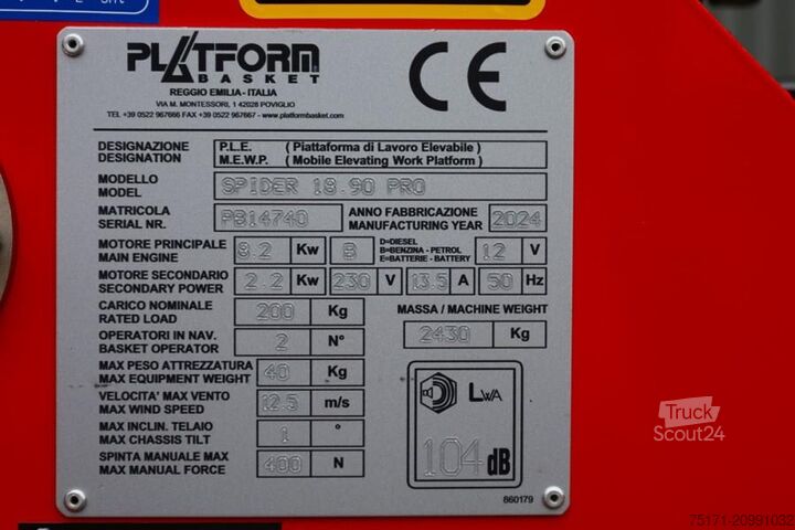 Leddelt teleskopisk arbejdsplatform Platform Basket Spider 18.90 PRO CE Declaration, Valid inspection,