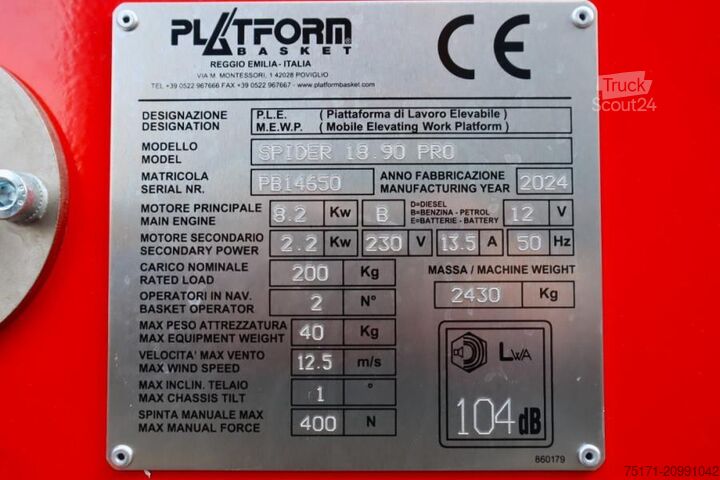 Leddelt teleskopisk arbejdsplatform Platform Basket Spider 18.90 PRO CE Declaration, Valid inspection,